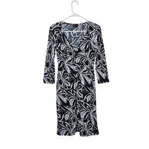 BCBGMAXAZRIA Womens Size S Black White Floral Dress Ruched V-Neck 3/4 Sleeve